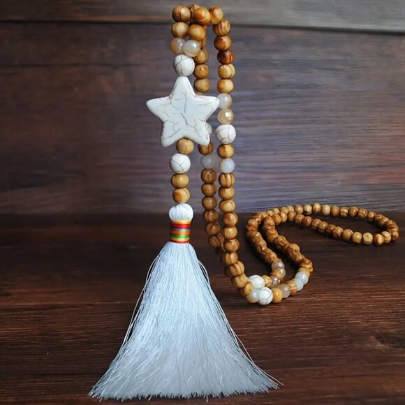 Handmade Boho Tassel Necklace with Wooden Beads & Star – 34.5” Long #1538 - Picture 1 of 9